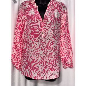 Beautiful Lilly Pulitzer 'Get Spotted' White Resort 100% silk Blouse Size XS Goo